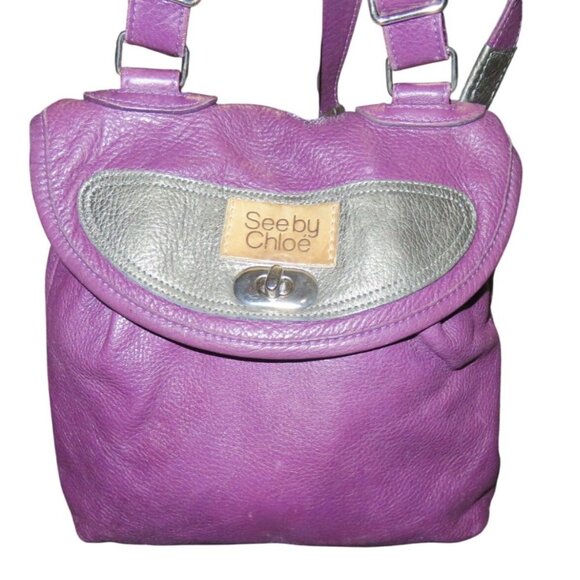 See By Chloe Purple & Silver Italian Leather Crossbody Handbag concealed pocket - Picture 1 of 14